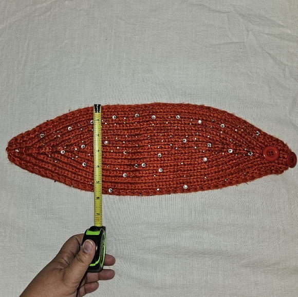 🛍Knit Headband Earwarmer w Button Closure [Orange] w Clear Jewels *NWOT* - Picture 5 of 5